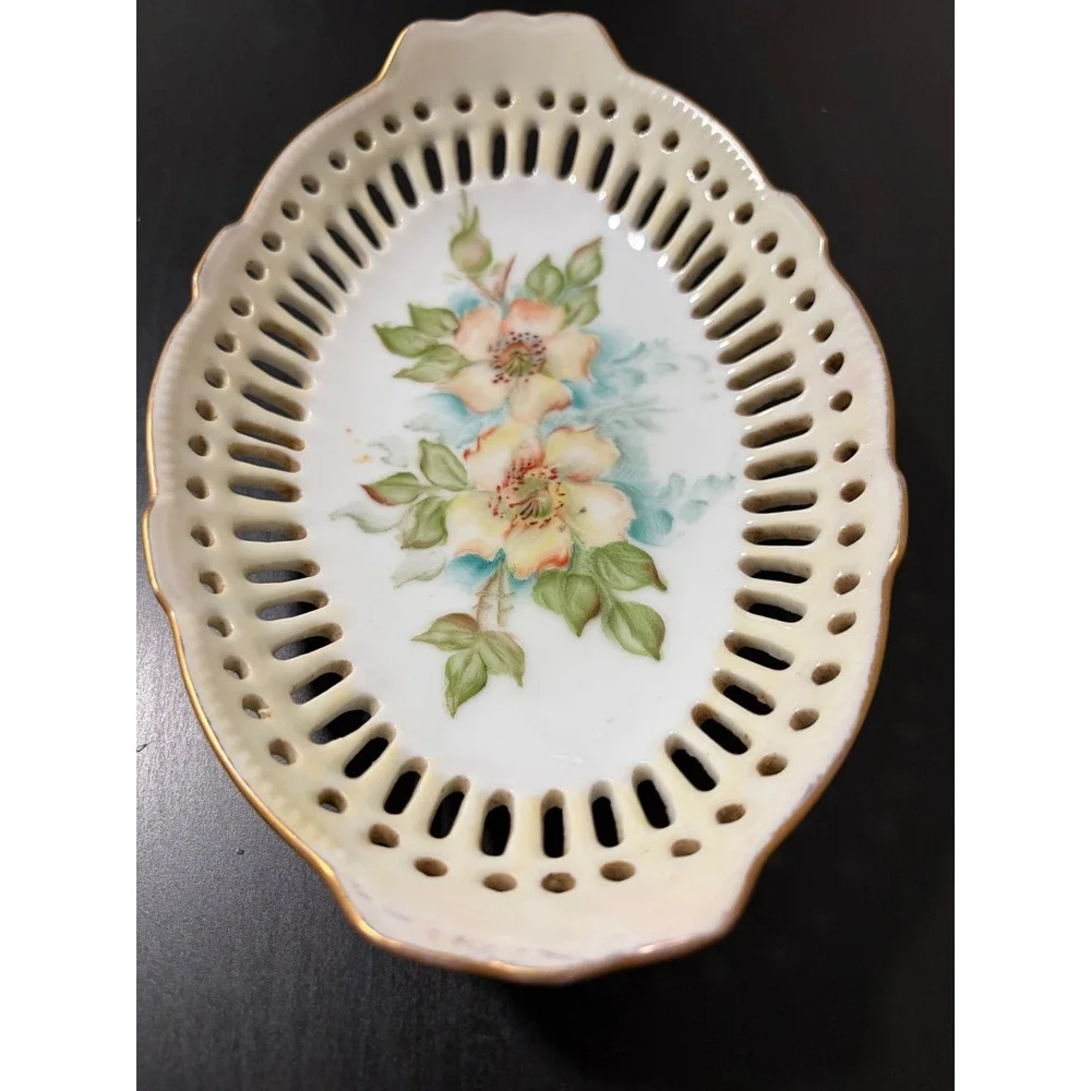 Vintage Lingrell Hand Painted Floral Reticulated Porcelain Trinket Dish Gold Rim